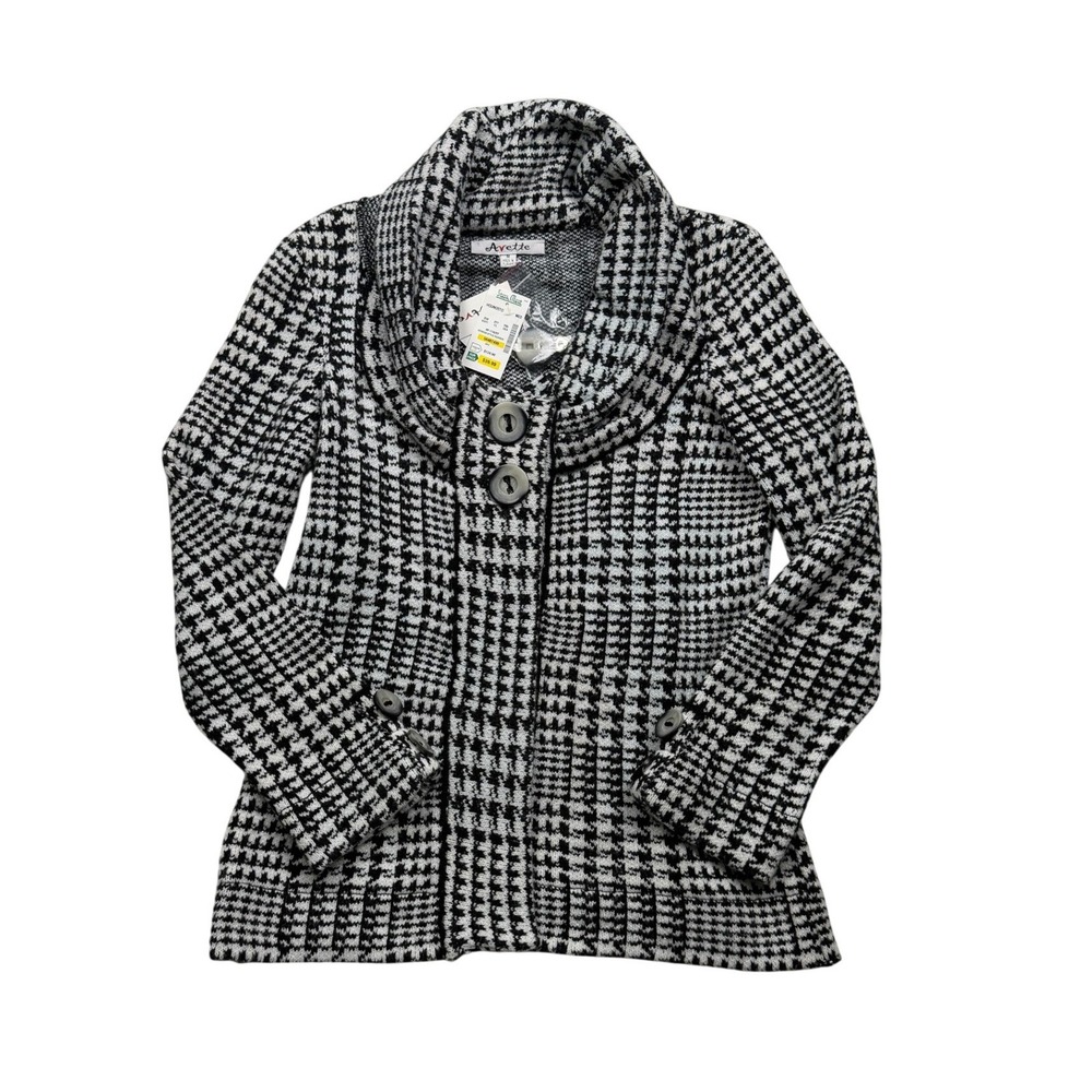 Avette Houndstooth Knit Mohair Blend Jacket Medium Black White Cowl Collar NWT